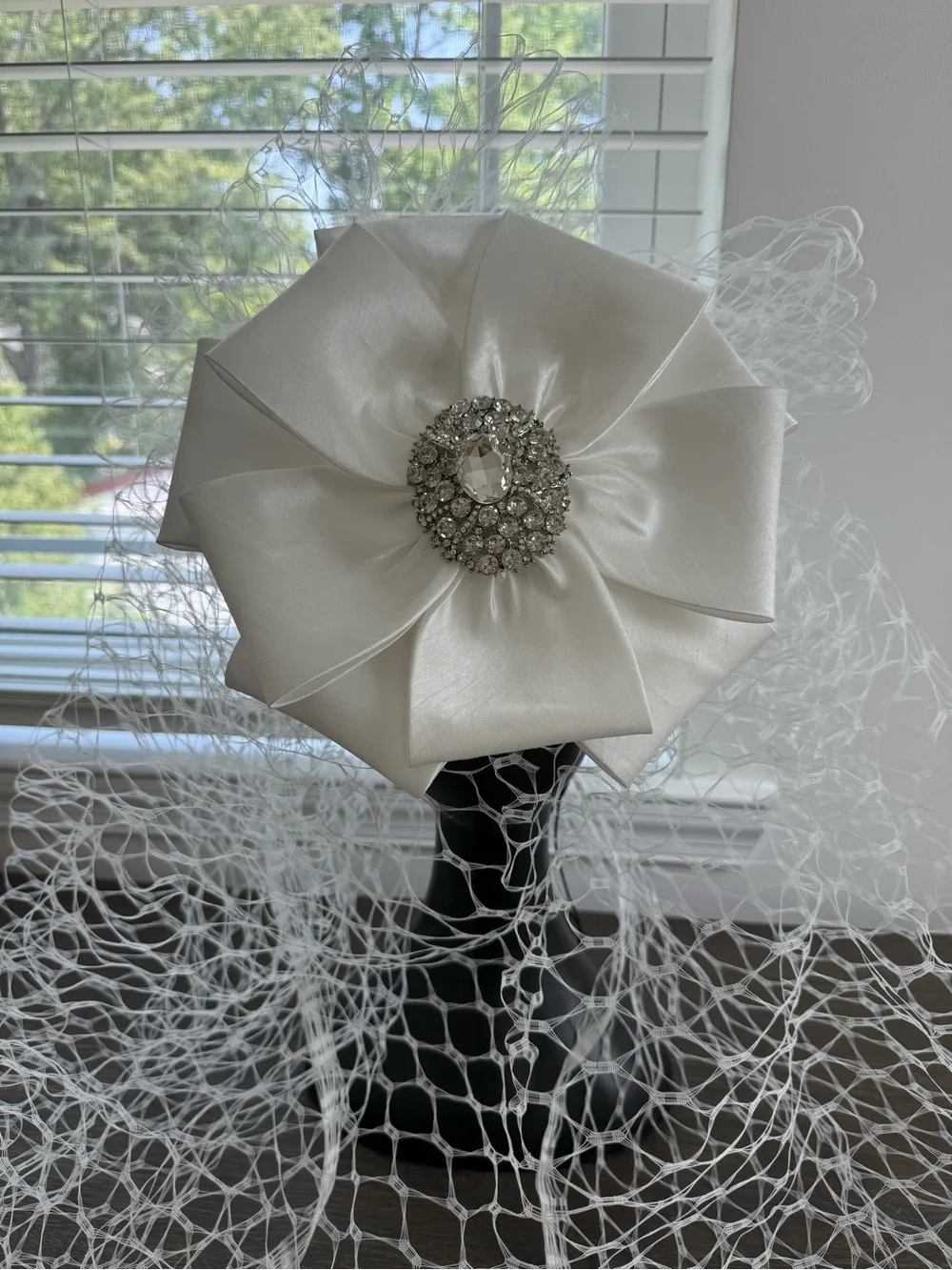 Whittall & Shon White Rhinestone Bow Veil Statement Hat